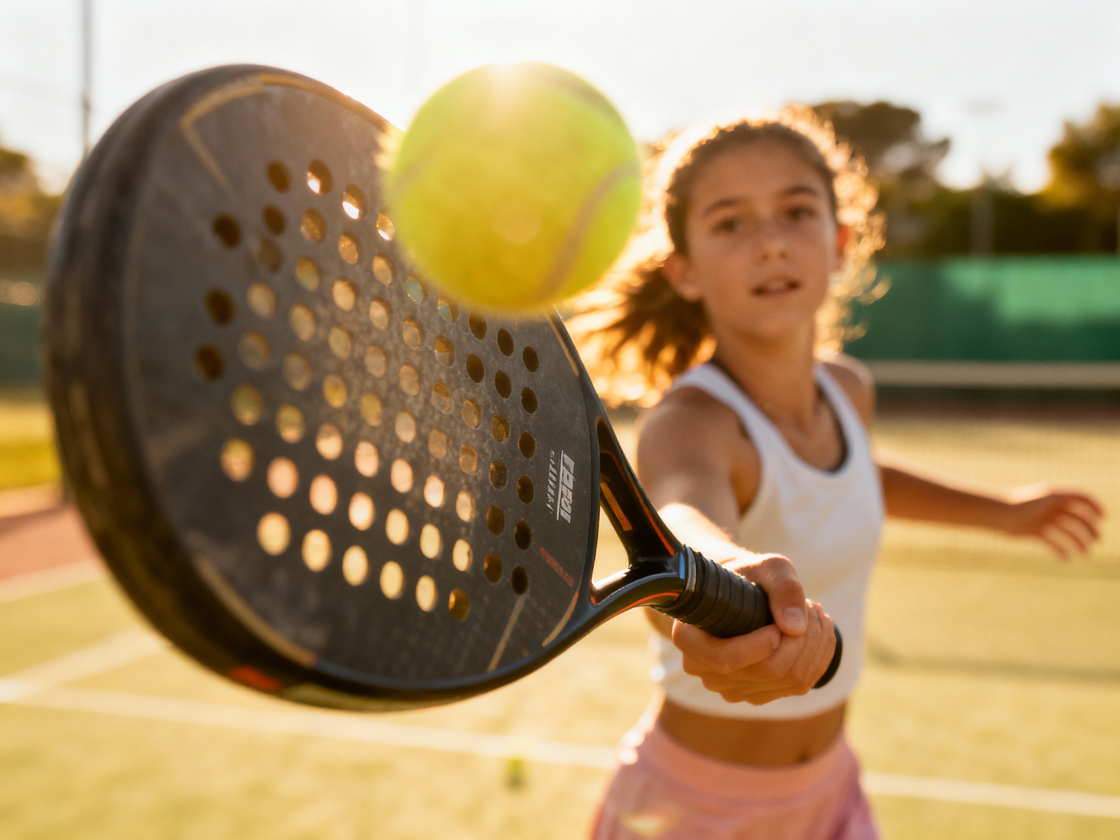 Prim-plan cu fața rachetei de padel cu textură pentru spin