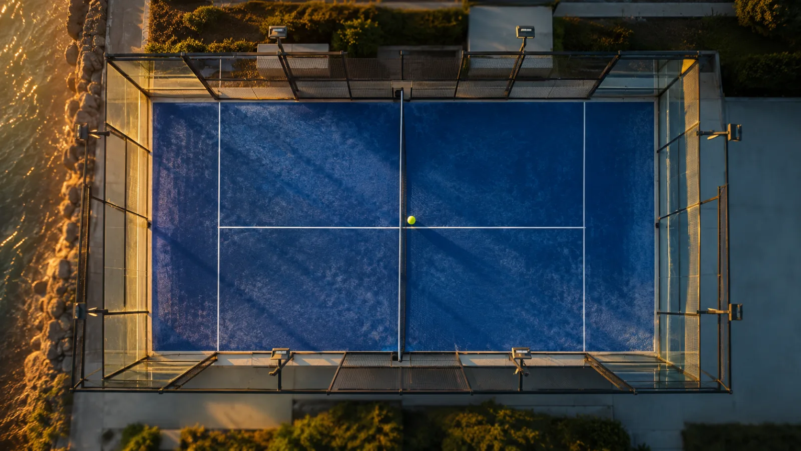 Vedere aeriană a unui teren de padel din București, similară cu perspectiva hărții interactive
